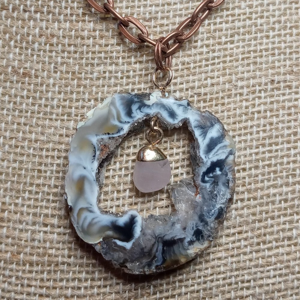 Druzy Agate Slice and Rose Quartz Copper Necklace